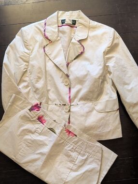 Harve Benard Tan Blazer & Skirt with Pink Floral Trim